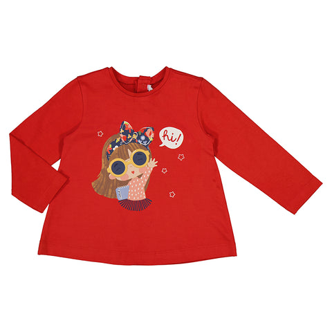 long sleeve red girl tee with little girl graphic waving and saying hi