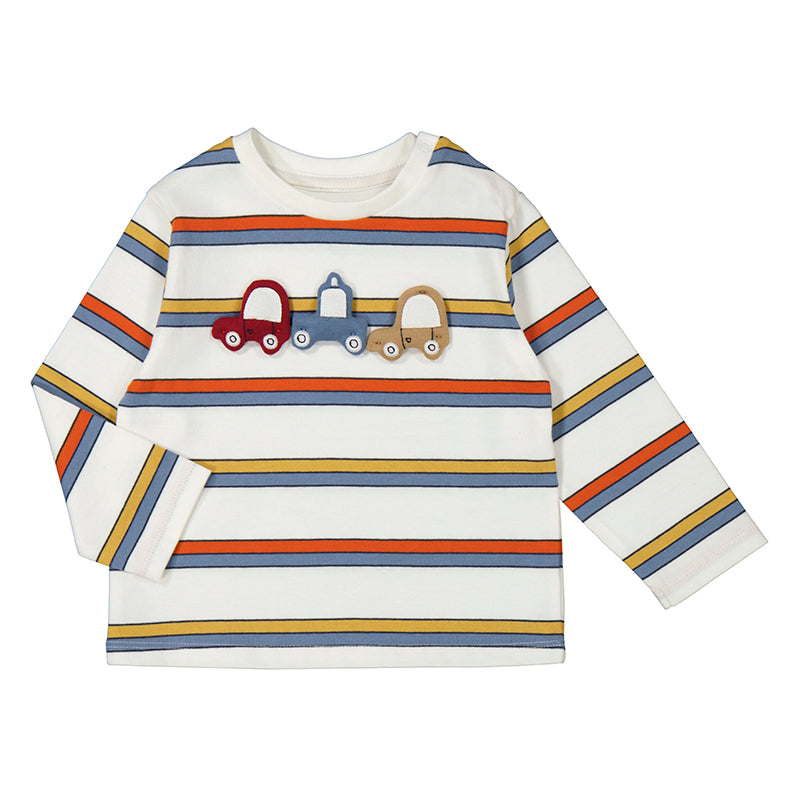 red blue and yellow stripe shirt with red blue and yellow cars