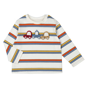 red blue and yellow stripe shirt with red blue and yellow cars