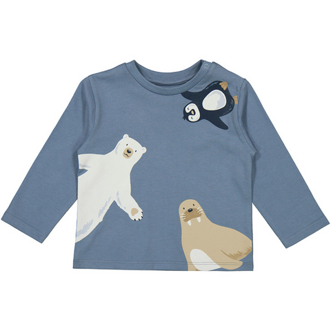 Blue long sleeve toddler shirt with arctic animal print featuring a polar bear, penguin, and walrus.

