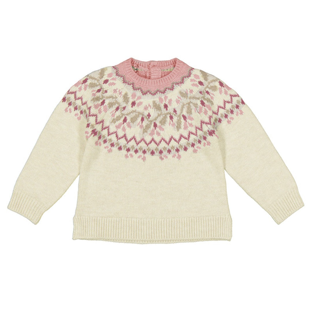 creme color sweater with shades of pink and taupe in a geometric print at the bodice neckline