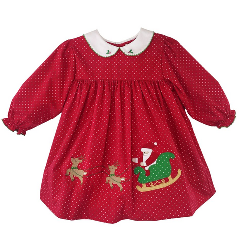 red and white small dot long sleeve dress with santa and reindeer applique at the hemline and a white collar with green picot trim and holly leaf embroidery
