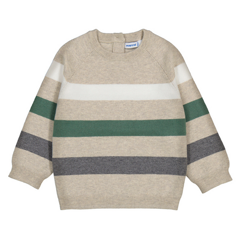 Children’s chai-colored striped knit jumper with green, white, and gray bands, ribbed cuffs and hem.







