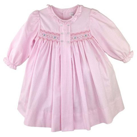 long sleeve micro gingham check smocked dress with pink and blue rosettes, ruffled neckline and 6 button placket accent