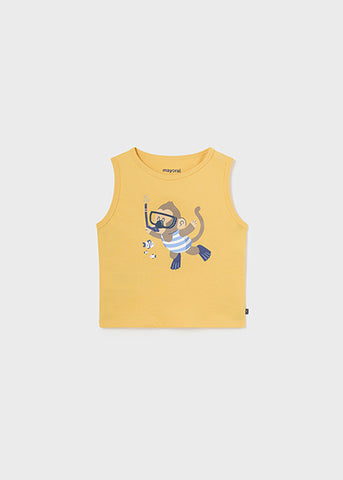 Yellow sleeveless graphic tee with monkey swimming on it