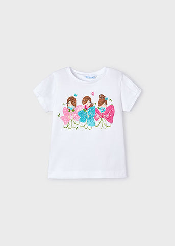 white graphic tee with three girls wearing bow dresses