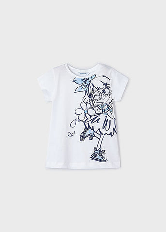 white graphic tee with blue outlined girl
