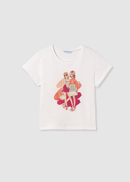 white graphic tee with two girls in orange and pink outfits