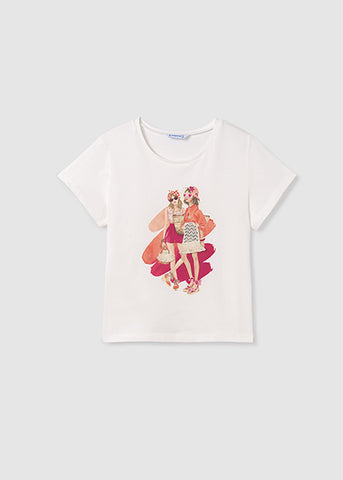 white graphic tee with two girls in orange and pink outfits