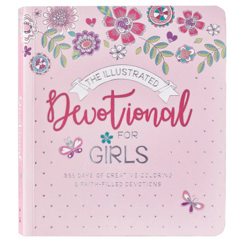 Illustrated Devotional for Girls with pink floral softcover and butterflies, featuring 366 devotionals and creative coloring pages for ages 8–12.

