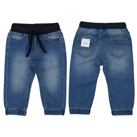 Toddler and kids soft denim jogger pants in navy with drawstring waist, front and back pockets, and elastic cuffs.







