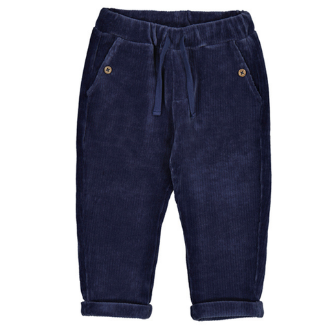 Navy blue corduroy-style knit pants for boys with rolled cuffs, side pockets, and an elastic drawstring waistband

