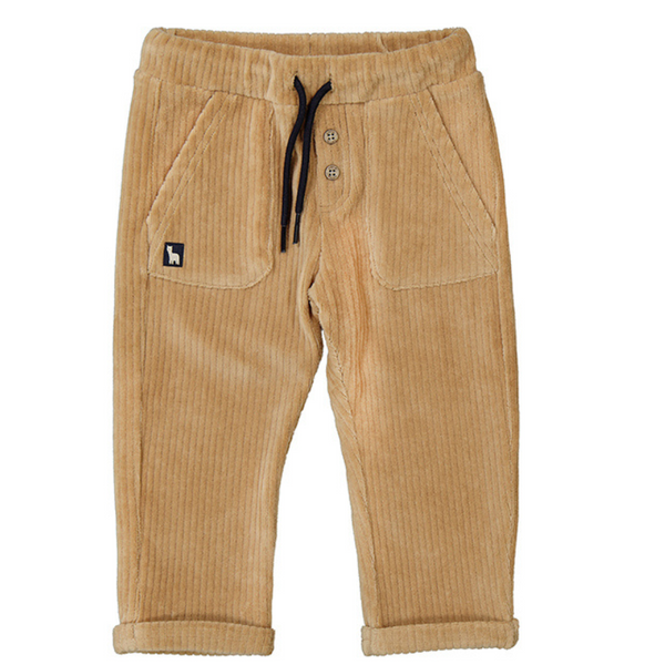 khaki soft ribbed velour pull on baby pant.  front pockets, faux fly with 2 buttons and adjustable tie waist
