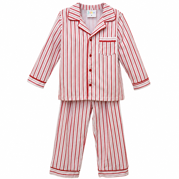 Children's Merry Moments red and white striped button-down pajama set with long sleeves, chest pocket, and matching full-length pants.