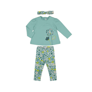 blue long sleeve shirt with four leaf clover with matching green floral leggings and headband