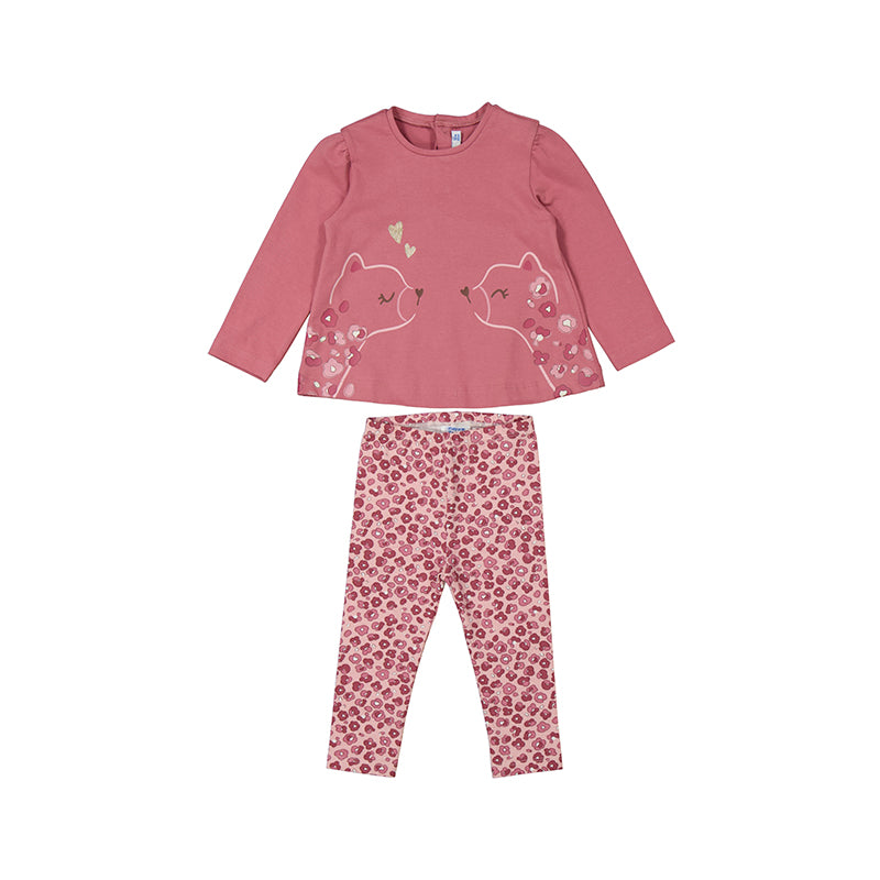 pink long sleeve shirt with bears and matching pink cheetah print leggings