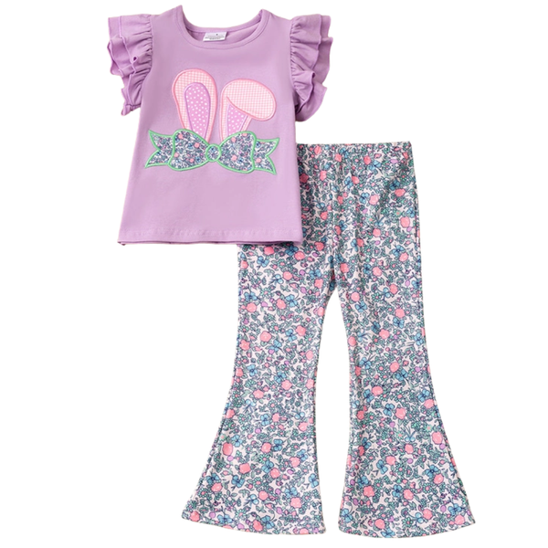 Girls Easter outfit featuring a bunny ears applique top and floral bell-bottom pants in soft pastel colors.