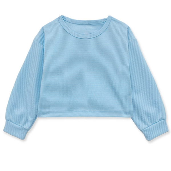 Kids’ light blue waffle-knit polyester long sleeve top with ribbed cuffs