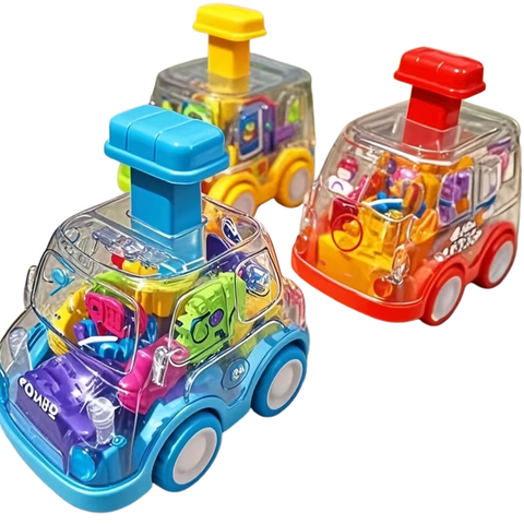 Three colorful toy cars with transparent bodies on a white background