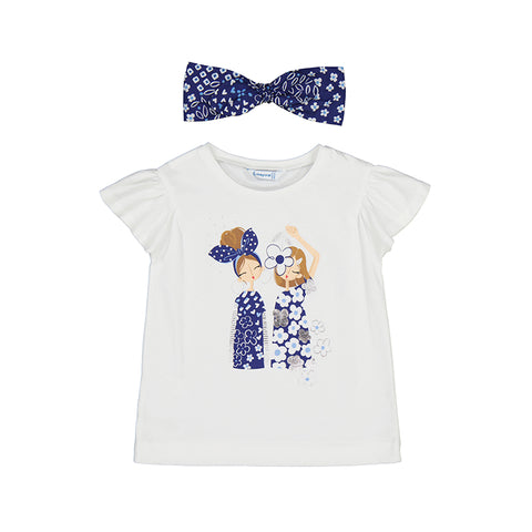 white flutter sleeve knit tee with 2 girls graphic and a matching headband