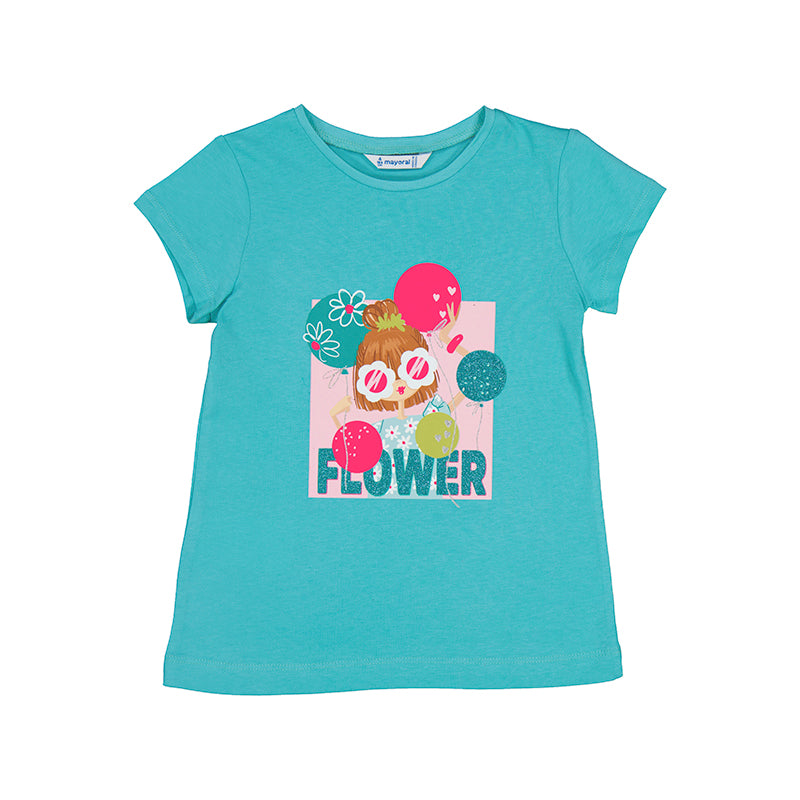 teal short sleeve knit tee with a girl with sunglasses graphic with balloons and the words flower