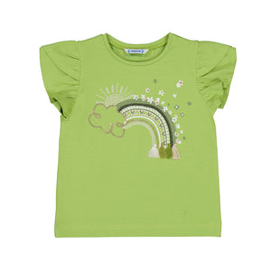 apple green flutter sleeve knit tee with sequin and tassel adorned rainbow and sun graphic