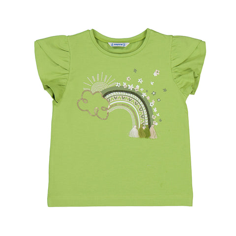 apple green flutter sleeve knit tee with sequin and tassel adorned rainbow and sun graphic