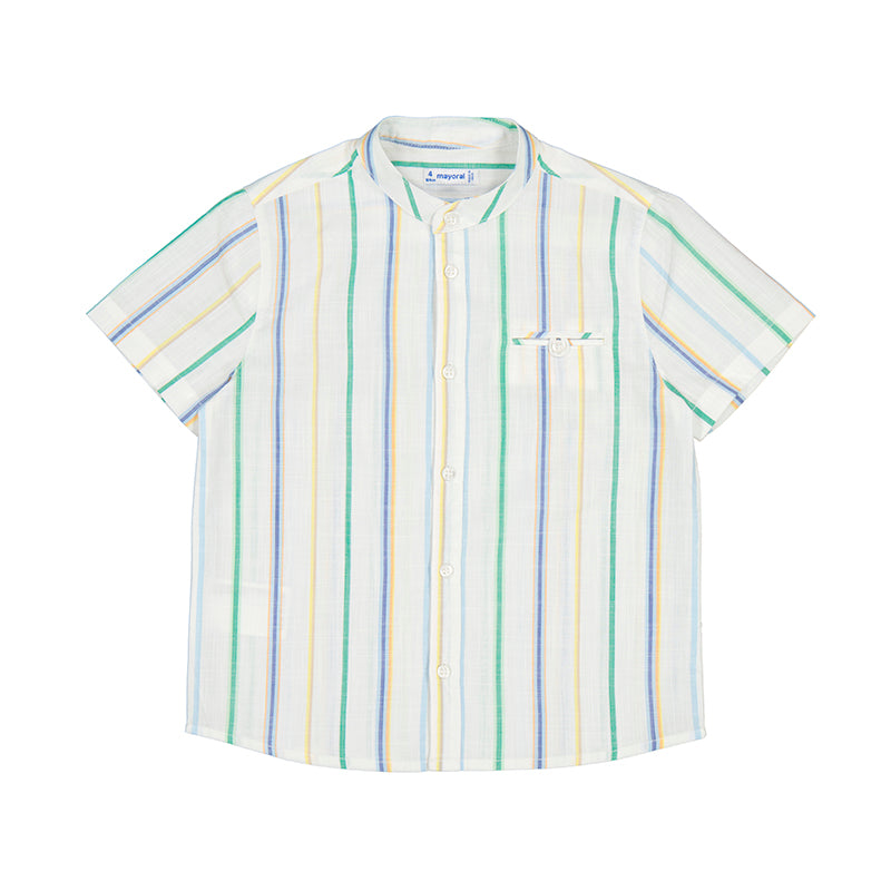 green blue and yellow vertical stripe mandarin collar button down shirt for boy