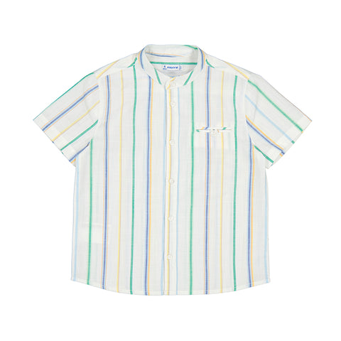 green blue and yellow vertical stripe mandarin collar button down shirt for boy