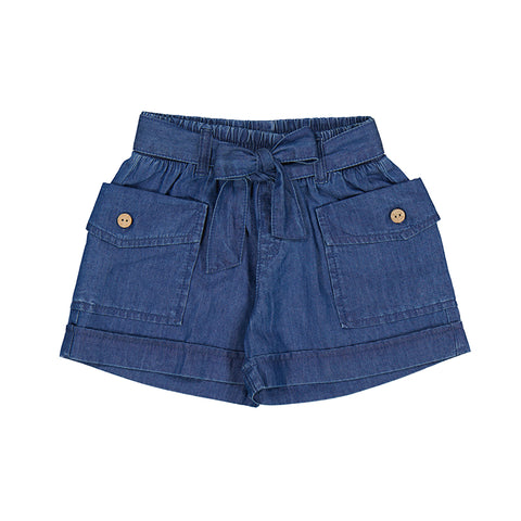 Dark washed denim short with tie front and button side pockets
