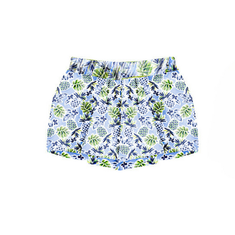 elastic waist knit short with Light blue and navy and green pineapple print