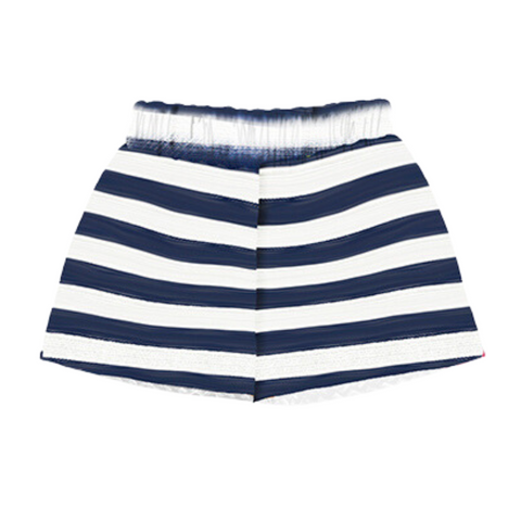 elastic waist knit short with navy and white wide stripes