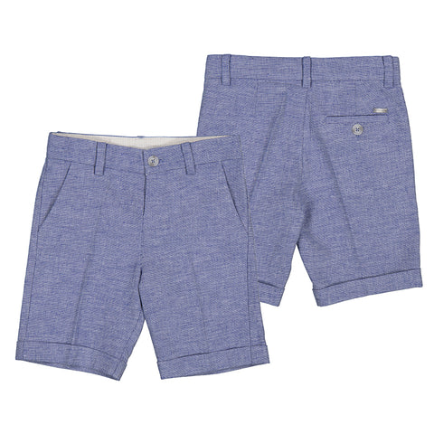 blue linen blend cuffed dress short for toddler boy. front pockets with 1 back slit pocket and belt loops