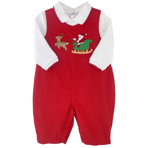 red mini cord boy romper with santa and reindeer applique with a white knit polo trimmed in red 