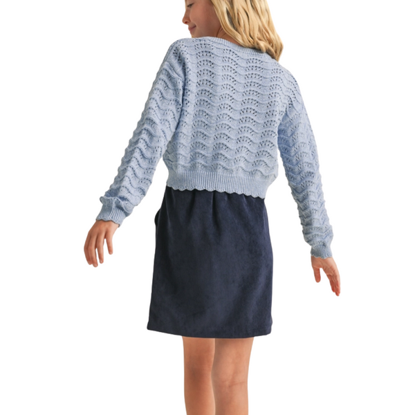Tween Blue Wavy Pointelle Sweater