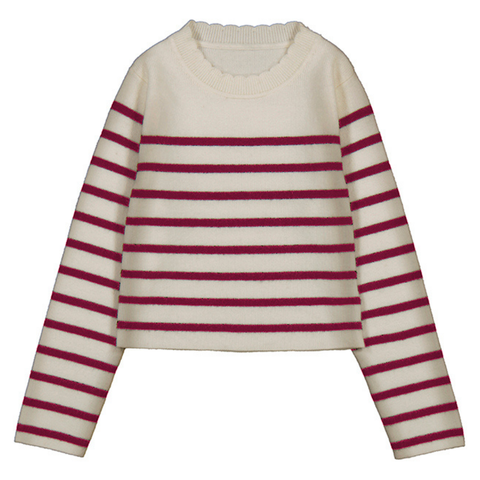 Girls’ almond-colored knit sweater with horizontal berry stripes and a ribbed crew neck and cuffs


