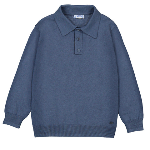 Boys’ steel blue long sleeve knit polo with button placket, ribbed cuffs, and classic collar

