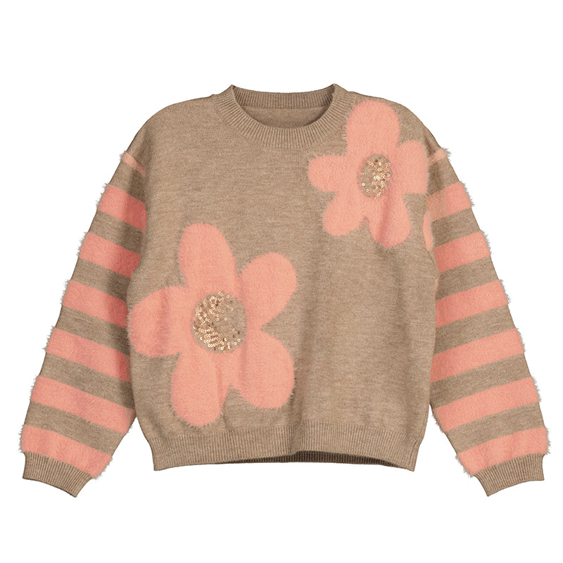 Walnut and Pink Fuzzy Flower Sweater