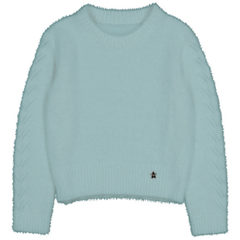 Light blue girls’ fuzzy knit sweater with ribbed trim and textured detailing on the sleeves

