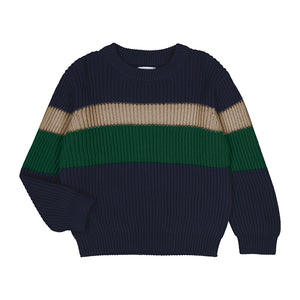 Navy blue boy sweater with green and cream stripe