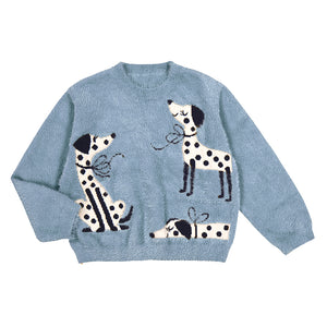 Light blue fuzzy soft sweater with 3 dalmations