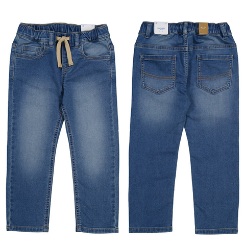 Front and back view of boys’ medium wash denim jogger pants with elastic waistband, drawstring, and pockets

