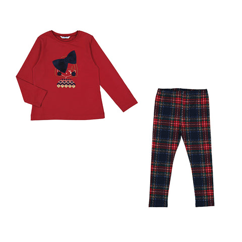 red long sleeve shirt with girl wearing a bow with matching plaid red leggings