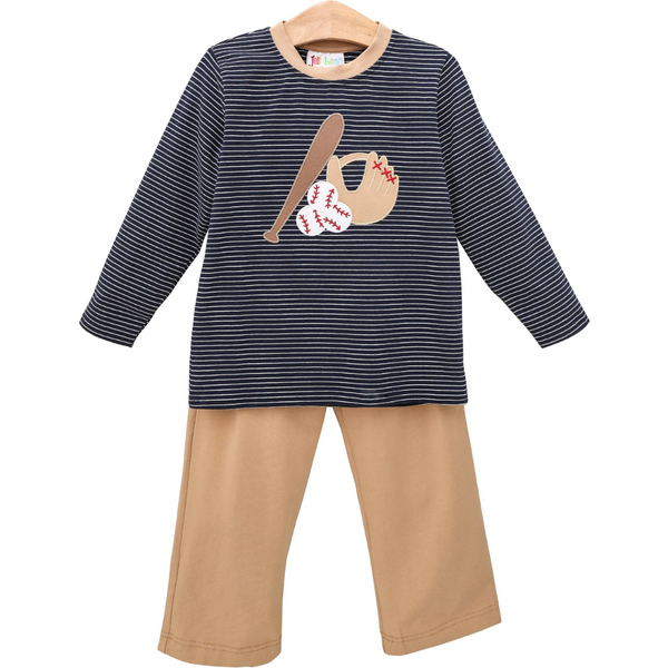 Navy striped long-sleeve shirt with baseball applique and tan pants, Jellybean 2-piece daywear set for kids.