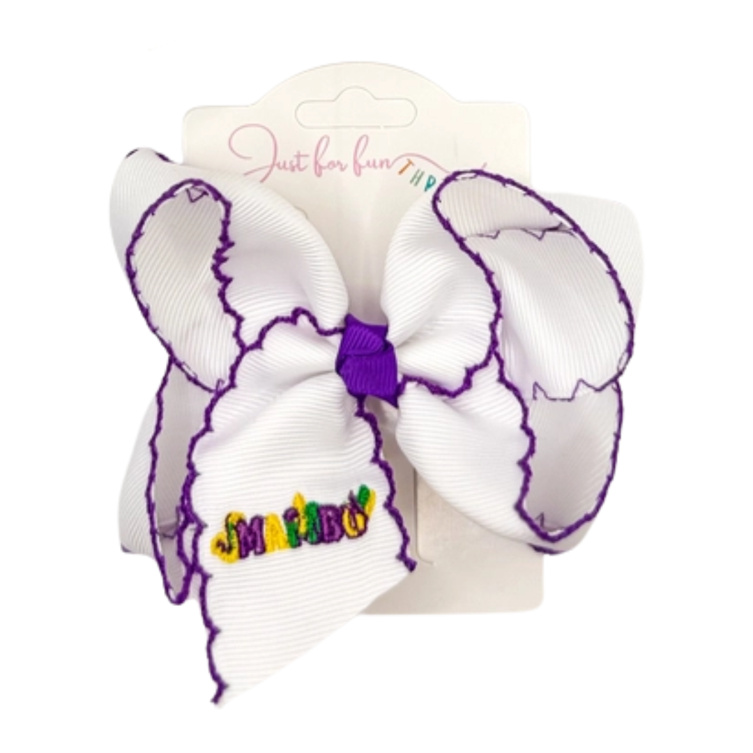 White and purple bow with colorful text on a white background