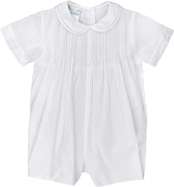 White baby boy collared romper with pintucks and featherstitching in the front and featherstitched accented sleeves 