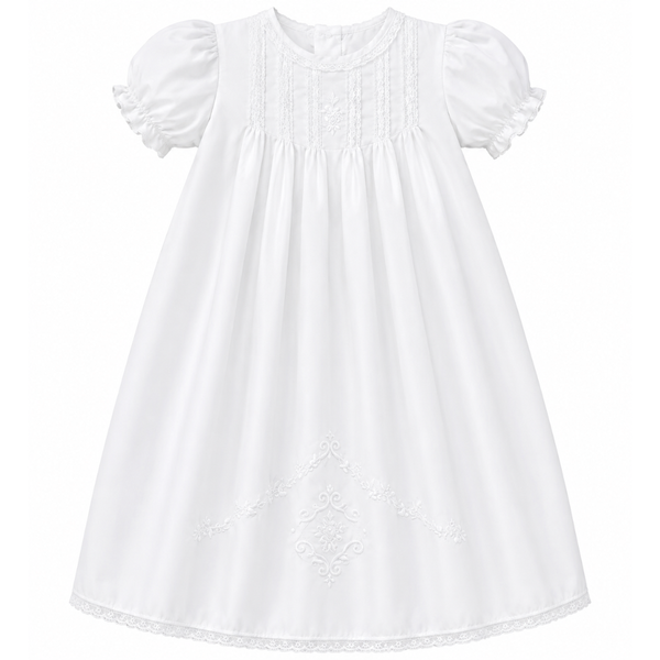 Pleated Day Gown with Hand Embroidery & Lace Detail