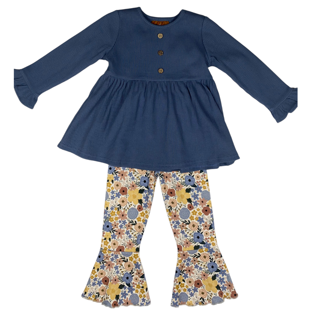 two piece set with floral bell bottom pants and a long sleeve swing top tunic