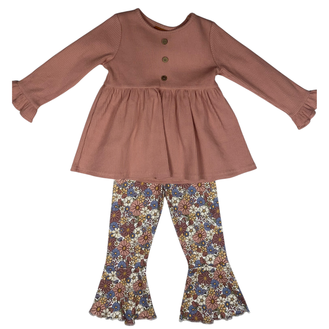 floral bell bottom pull on elastic waist pant with a rose color long sleeve swing tunic top and 3 front button accent.