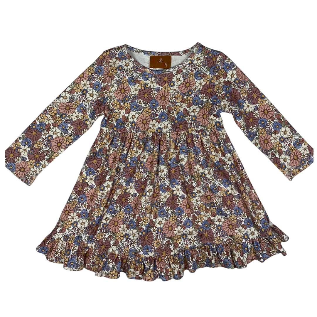 long sleeve ruffle swing dress in pink and blue florals